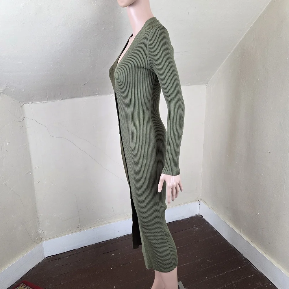 STAUD Ribbed Two Tone Green Midi Dress S Button Front Stretch Viscose Fitted - Picture 4 of 12